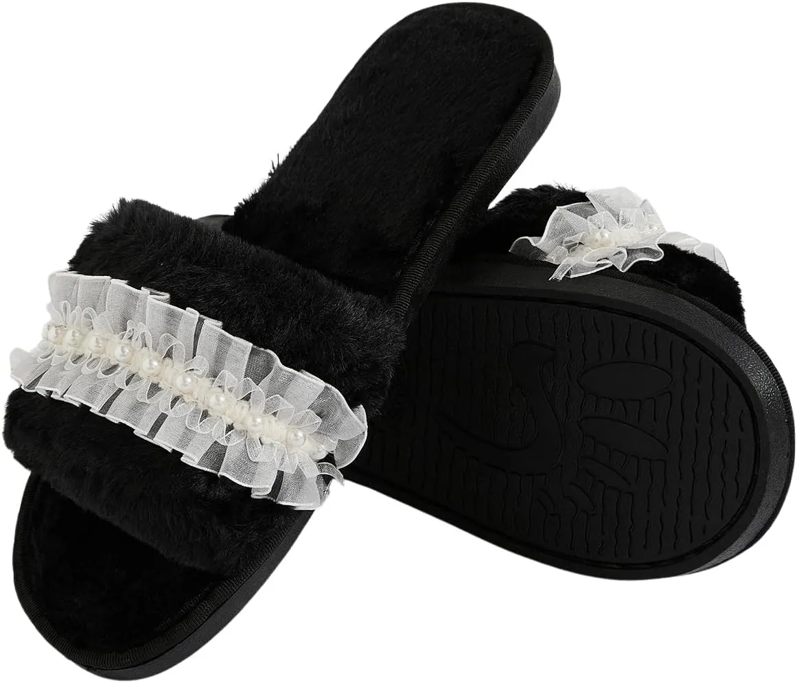 Verdusa Women's Pearls Open Toe Fuzzy House Slippers Faux Fur Bedroom Shoes