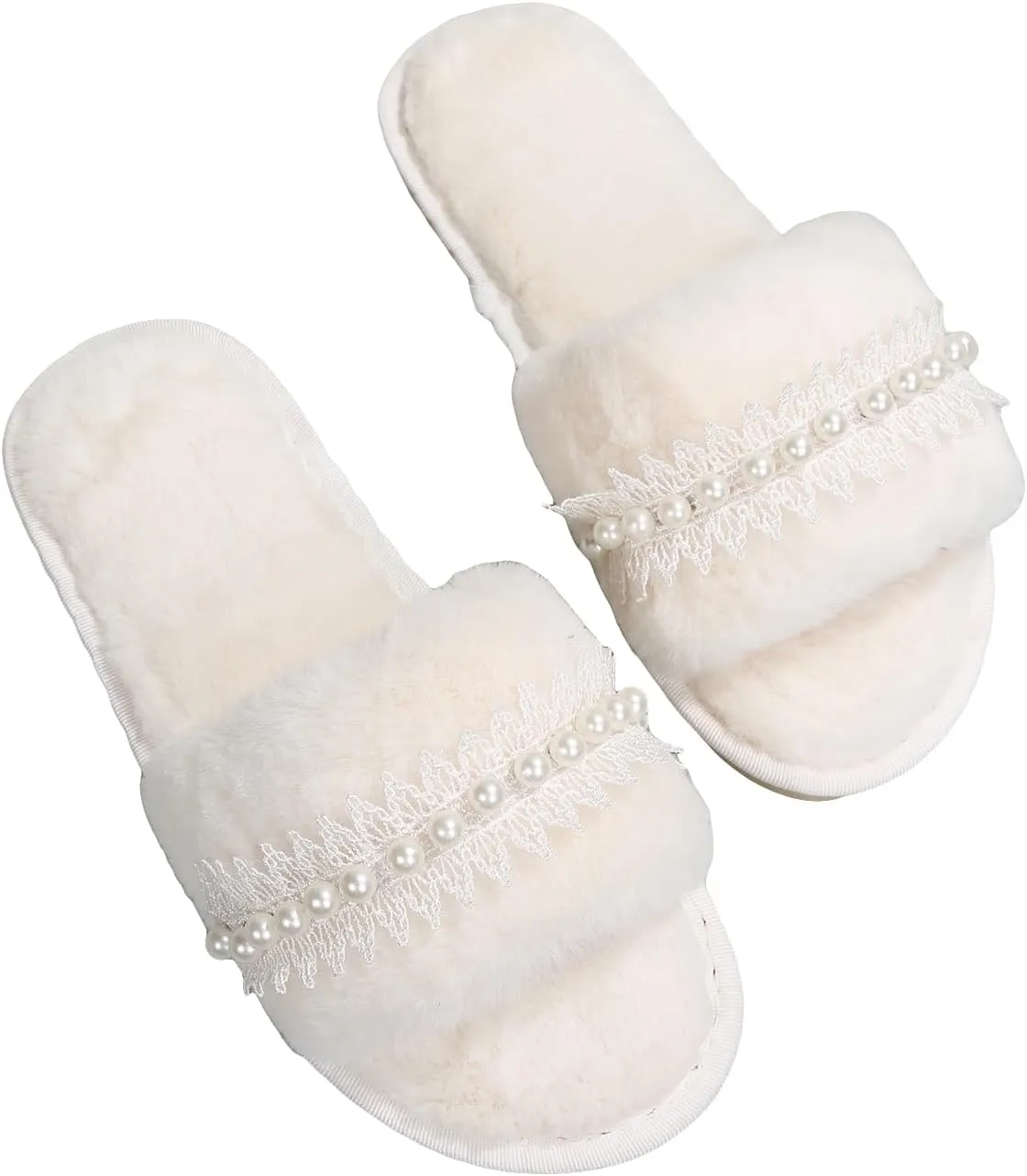 Verdusa Women's Pearls Open Toe Fuzzy House Slippers Faux Fur Bedroom Shoes