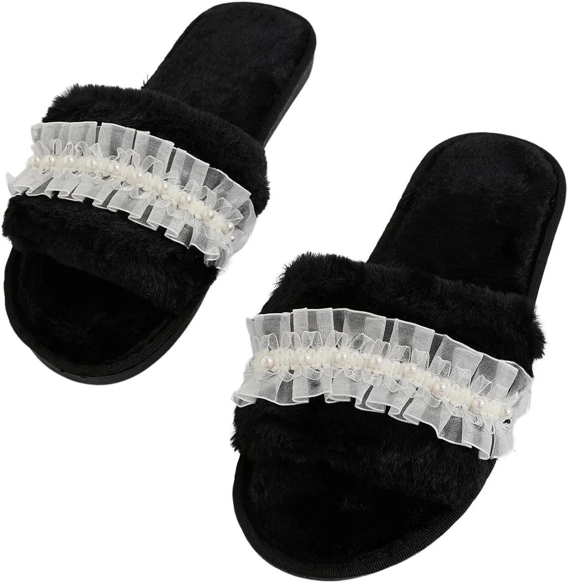 Verdusa Women's Pearls Open Toe Fuzzy House Slippers Faux Fur Bedroom Shoes