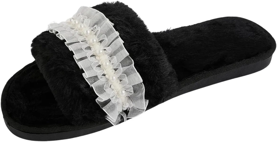 Verdusa Women's Pearls Open Toe Fuzzy House Slippers Faux Fur Bedroom Shoes