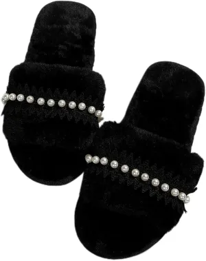 Verdusa Women's Pearls Open Toe Fuzzy House Slippers Faux Fur Bedroom Shoes