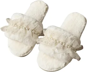 Verdusa Women's Pearls Open Toe Fuzzy House Slippers Faux Fur Bedroom Shoes