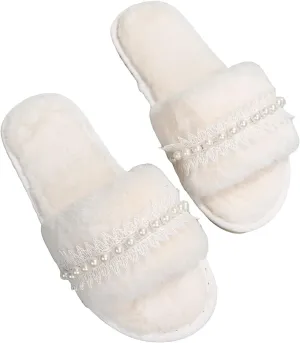 Verdusa Women's Pearls Open Toe Fuzzy House Slippers Faux Fur Bedroom Shoes