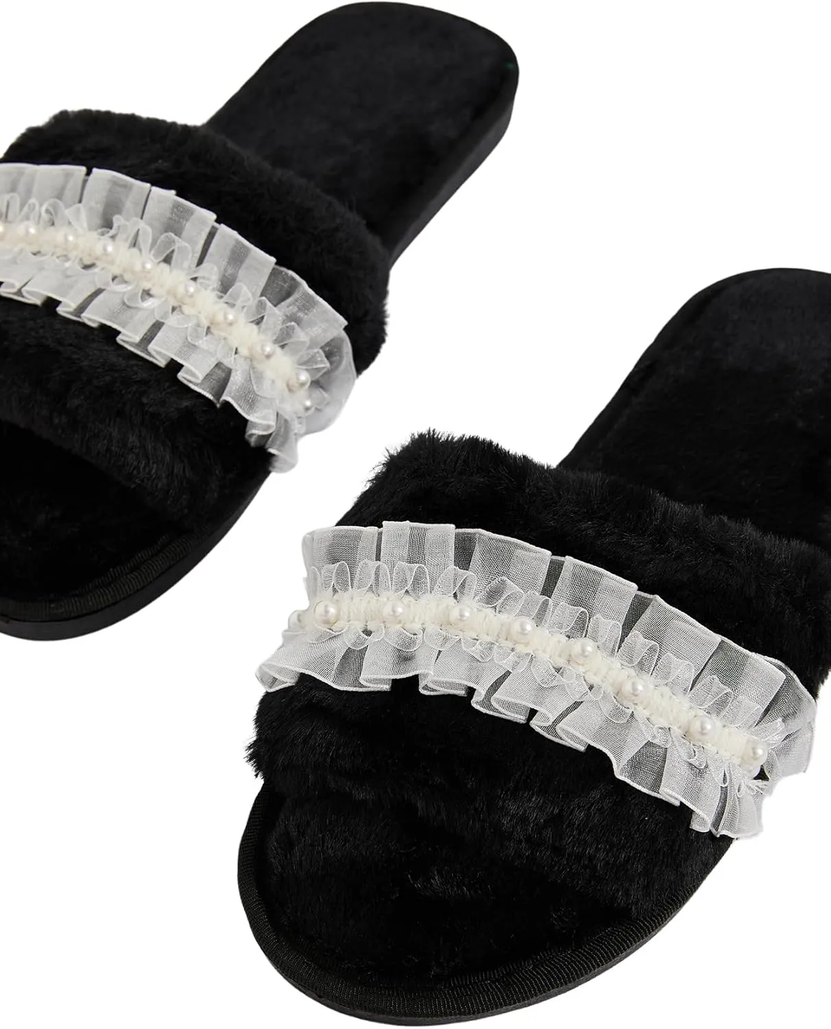 Verdusa Women's Pearls Open Toe Fuzzy House Slippers Faux Fur Bedroom Shoes
