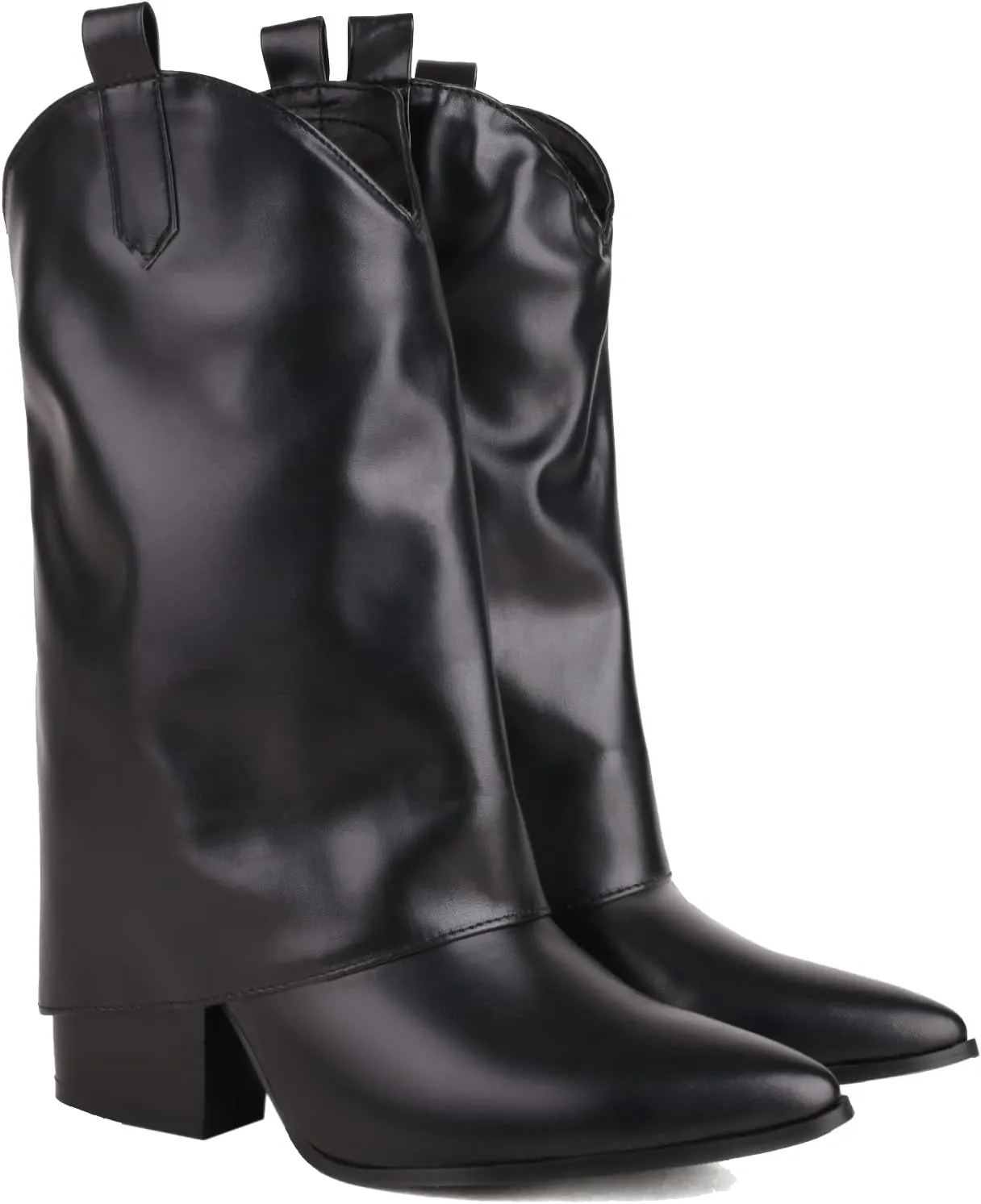 Vertundy Womens Mid Calf Boots - Western Chunky Heel Pointed Toe Cowboy Boots Vintage Cowgirl Pull on Shoes