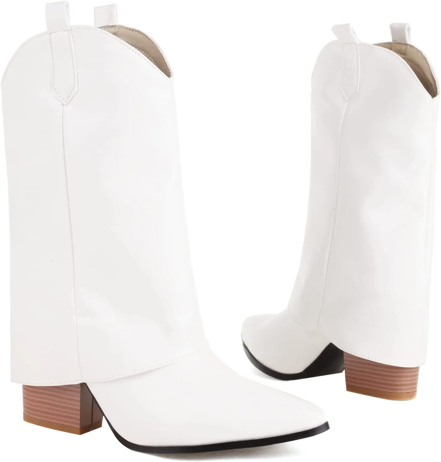 Vertundy Womens Mid Calf Boots - Western Chunky Heel Pointed Toe Cowboy Boots Vintage Cowgirl Pull on Shoes