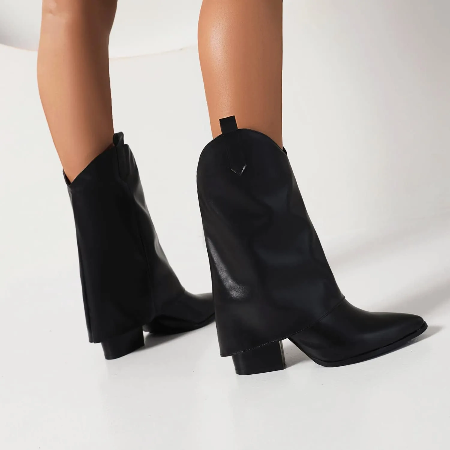 Vertundy Womens Mid Calf Boots - Western Chunky Heel Pointed Toe Cowboy Boots Vintage Cowgirl Pull on Shoes