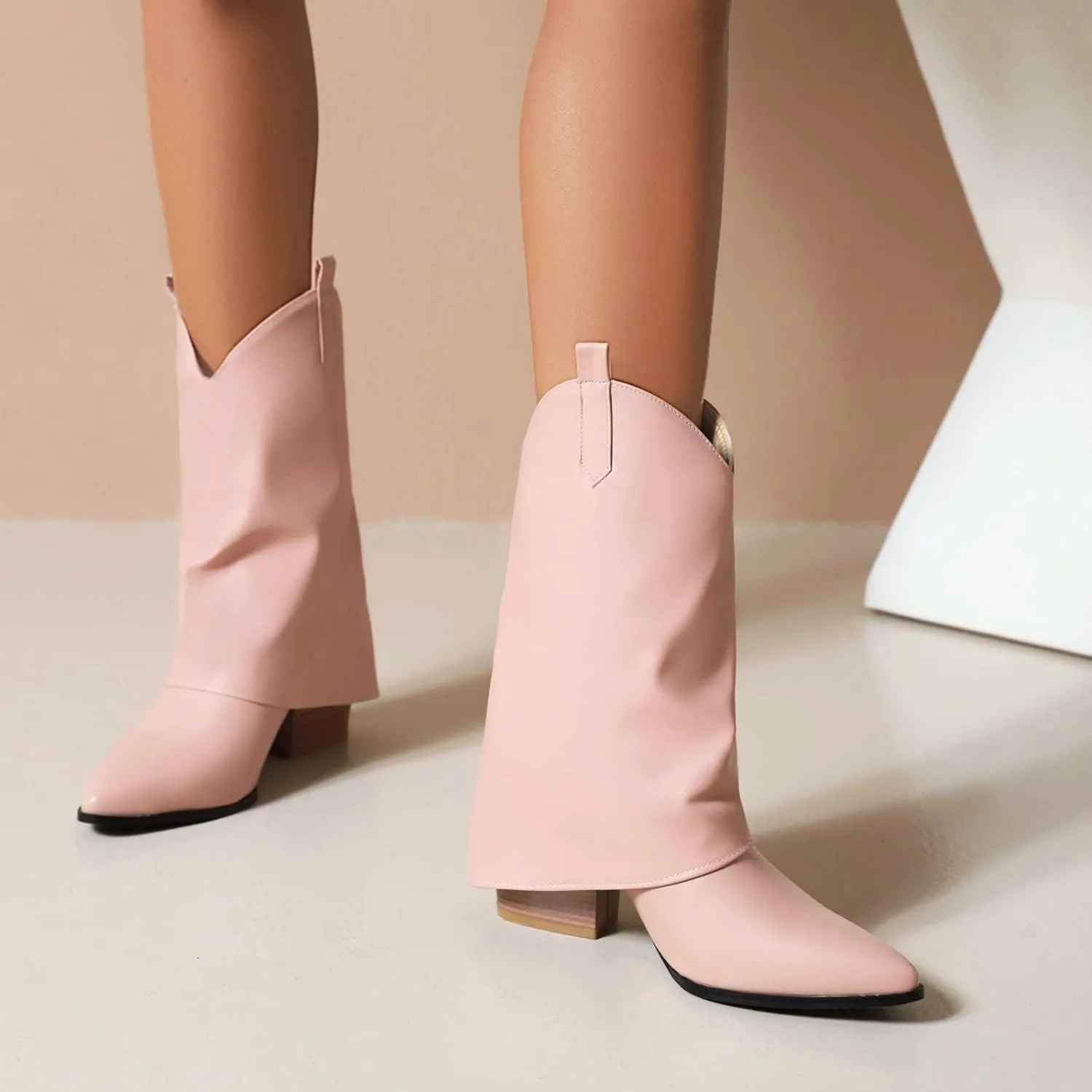 Vertundy Womens Mid Calf Boots - Western Chunky Heel Pointed Toe Cowboy Boots Vintage Cowgirl Pull on Shoes