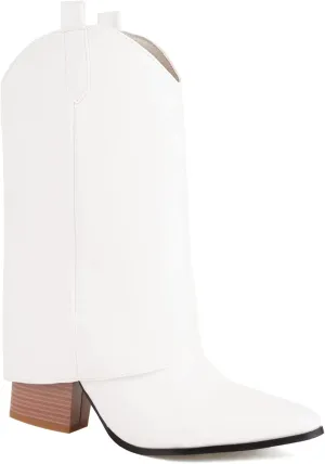 Vertundy Womens Mid Calf Boots - Western Chunky Heel Pointed Toe Cowboy Boots Vintage Cowgirl Pull on Shoes