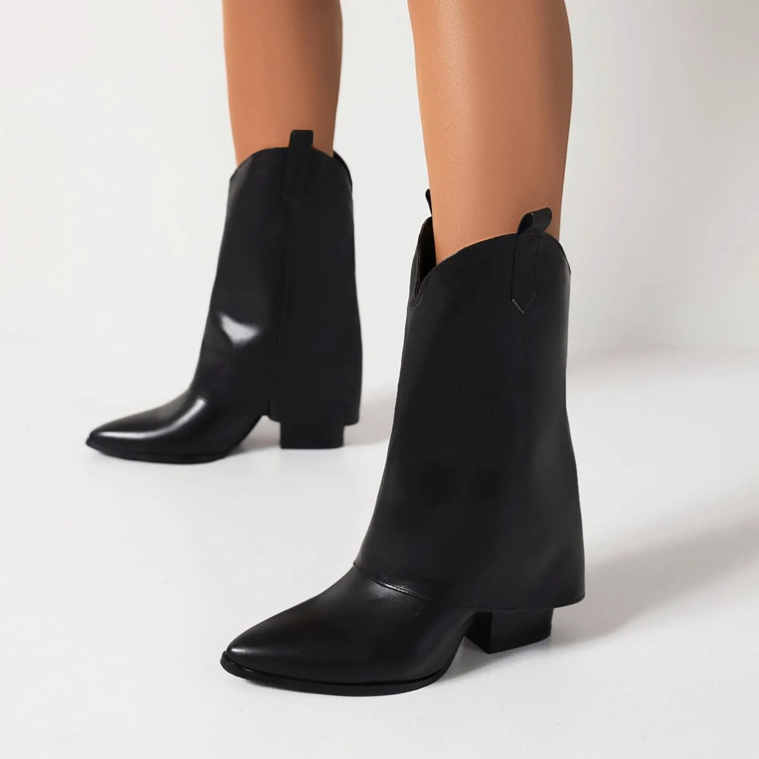 Vertundy Womens Mid Calf Boots - Western Chunky Heel Pointed Toe Cowboy Boots Vintage Cowgirl Pull on Shoes