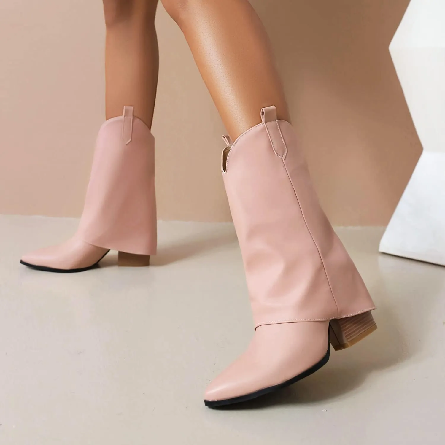 Vertundy Womens Mid Calf Boots - Western Chunky Heel Pointed Toe Cowboy Boots Vintage Cowgirl Pull on Shoes
