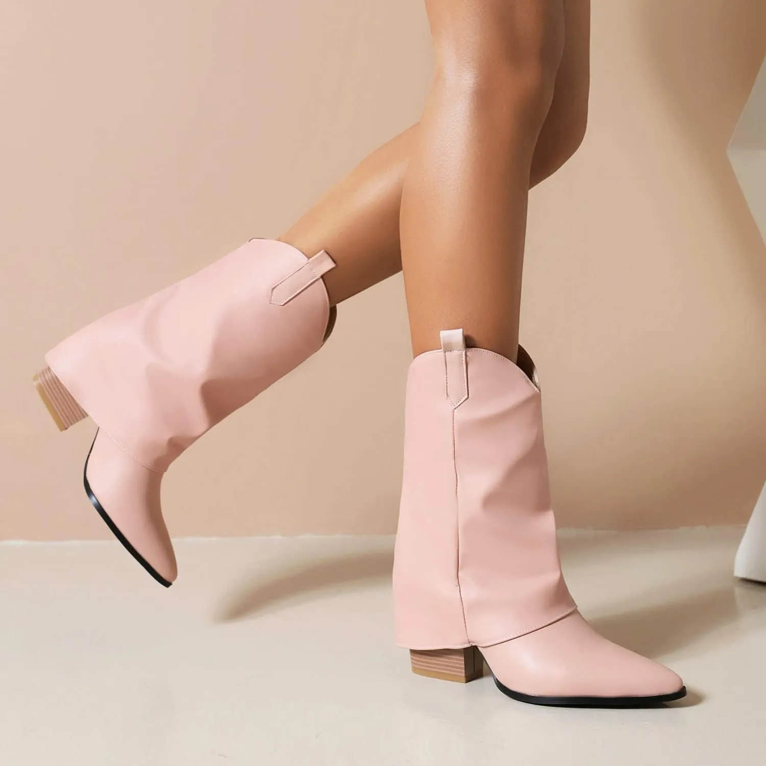 Vertundy Womens Mid Calf Boots - Western Chunky Heel Pointed Toe Cowboy Boots Vintage Cowgirl Pull on Shoes