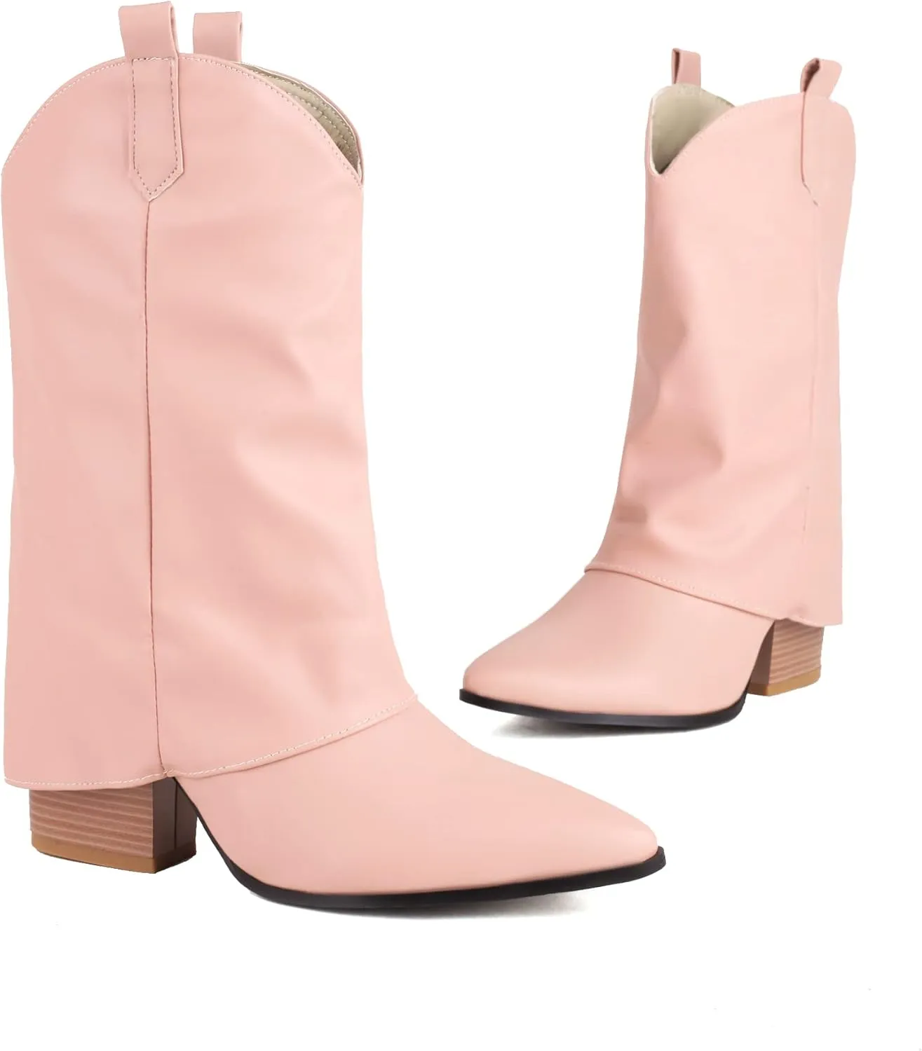 Vertundy Womens Mid Calf Boots - Western Chunky Heel Pointed Toe Cowboy Boots Vintage Cowgirl Pull on Shoes