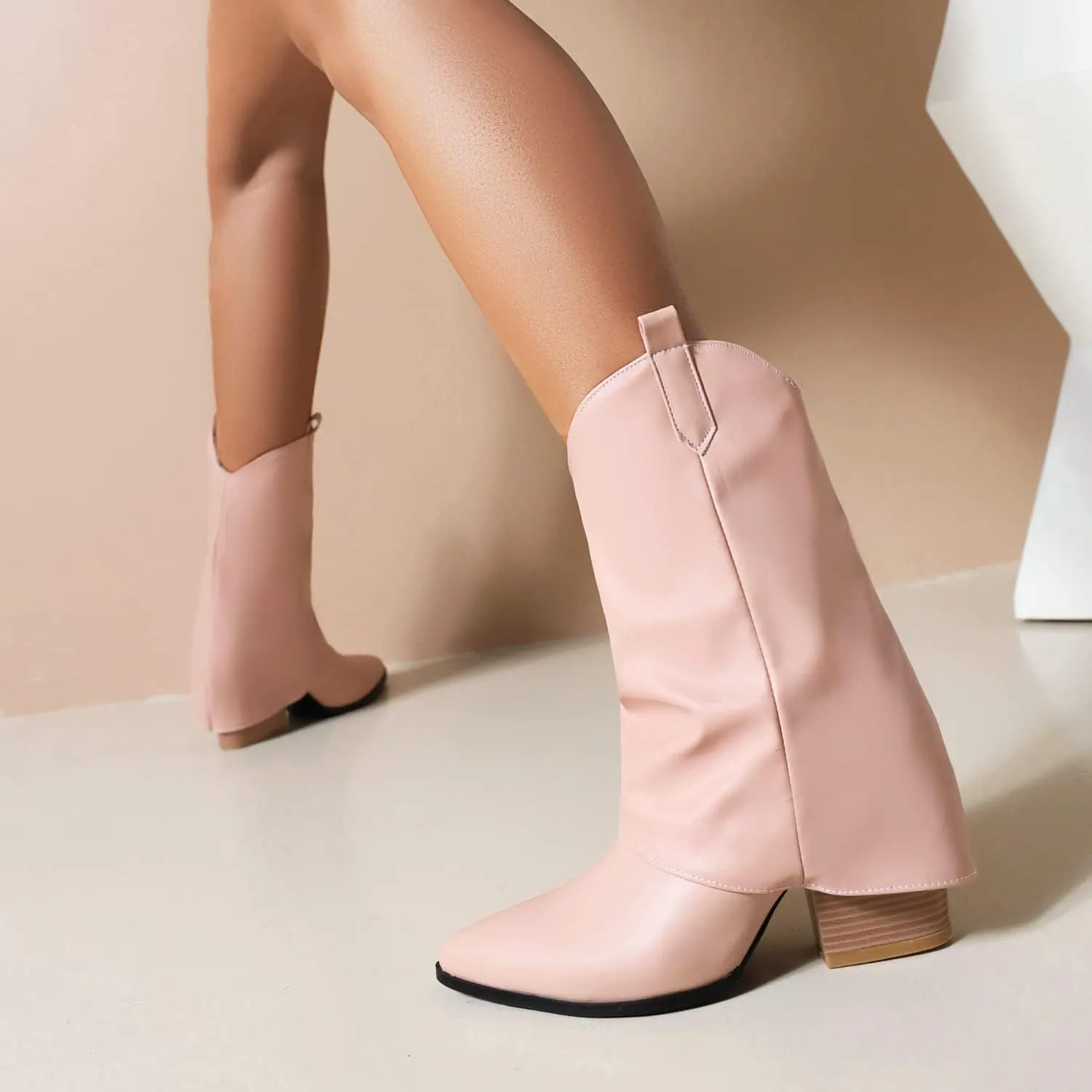 Vertundy Womens Mid Calf Boots - Western Chunky Heel Pointed Toe Cowboy Boots Vintage Cowgirl Pull on Shoes
