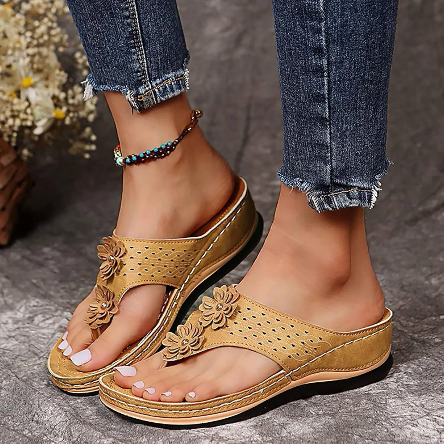 Walking Sandals Women, Women's T-Strap Sandals Vintage Boho Flat Sandals Dress Shoes Outdoor Beach Flip Flops