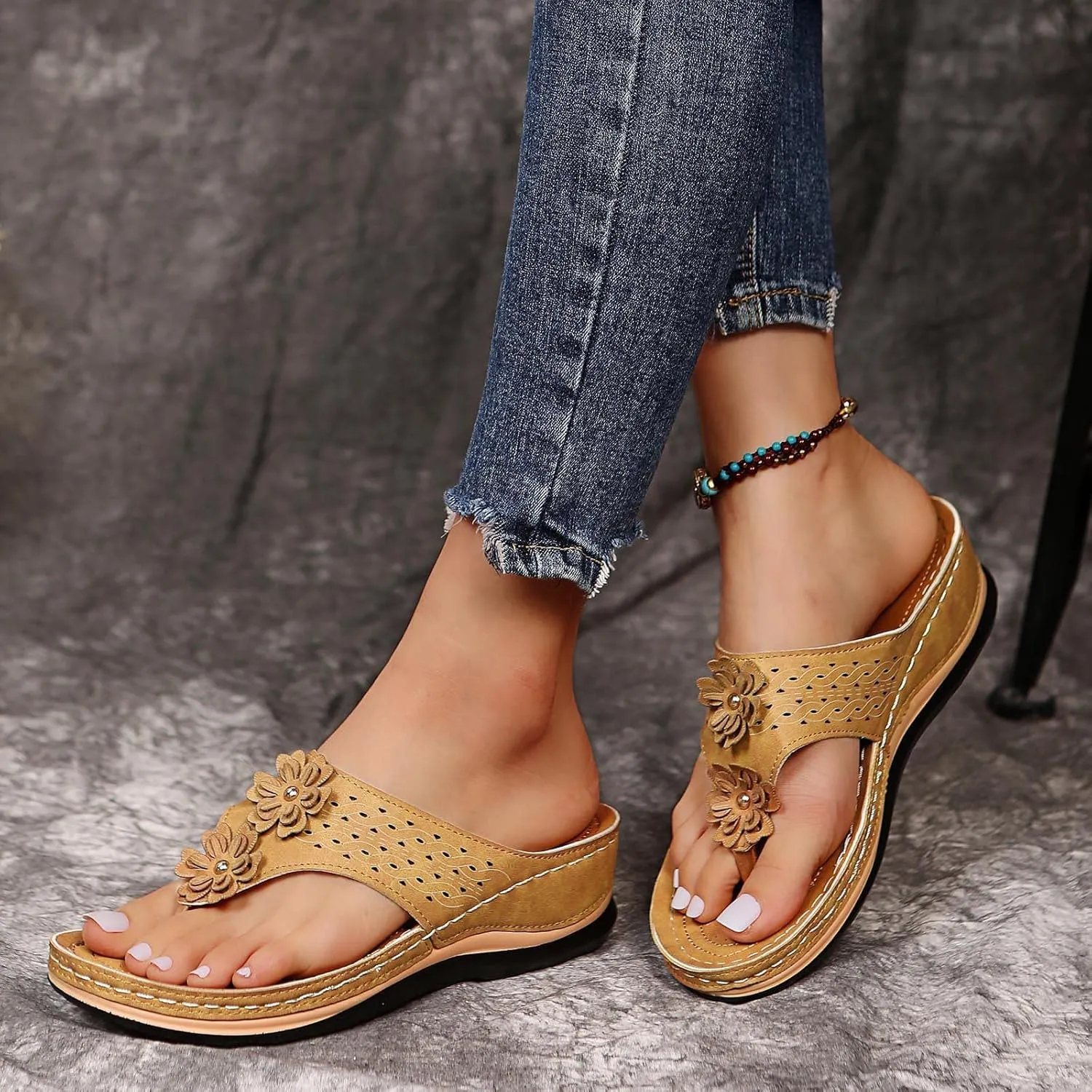 Walking Sandals Women, Women's T-Strap Sandals Vintage Boho Flat Sandals Dress Shoes Outdoor Beach Flip Flops
