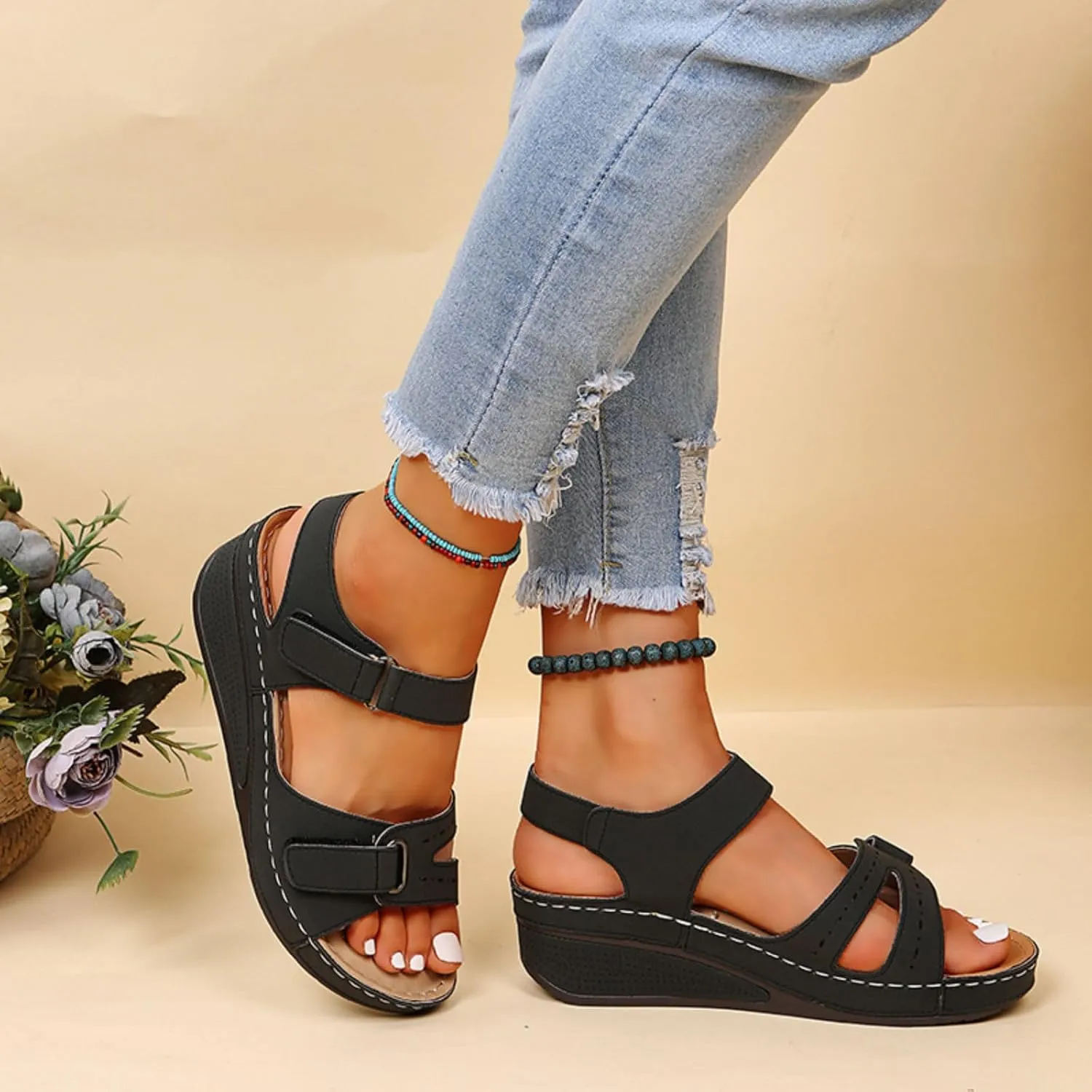 Wedge Sandals for Women Orthotic Comfortable Soft Cushion Summer Beach Walking Shoes Slip On Hook and Loop Fastener All-Match Shoes All-Day Comfort