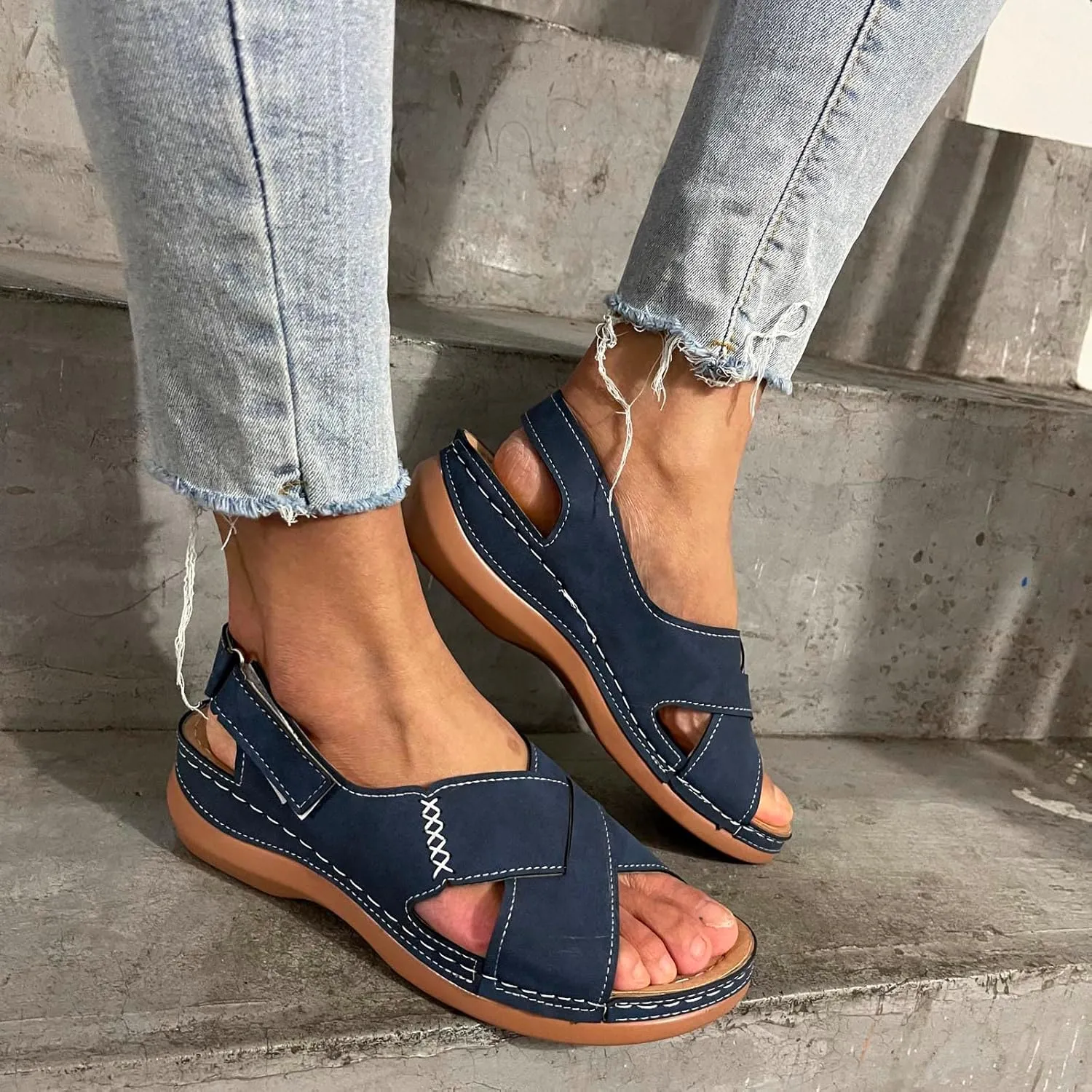Women Comfortable Wedge Sandals Summer Dressy Orthopedic Open Toe All-Match Shoes Soft Leather Slip On Sandals Fashion Cross Strappy with Adjustable Back Ankle Strap Sandal