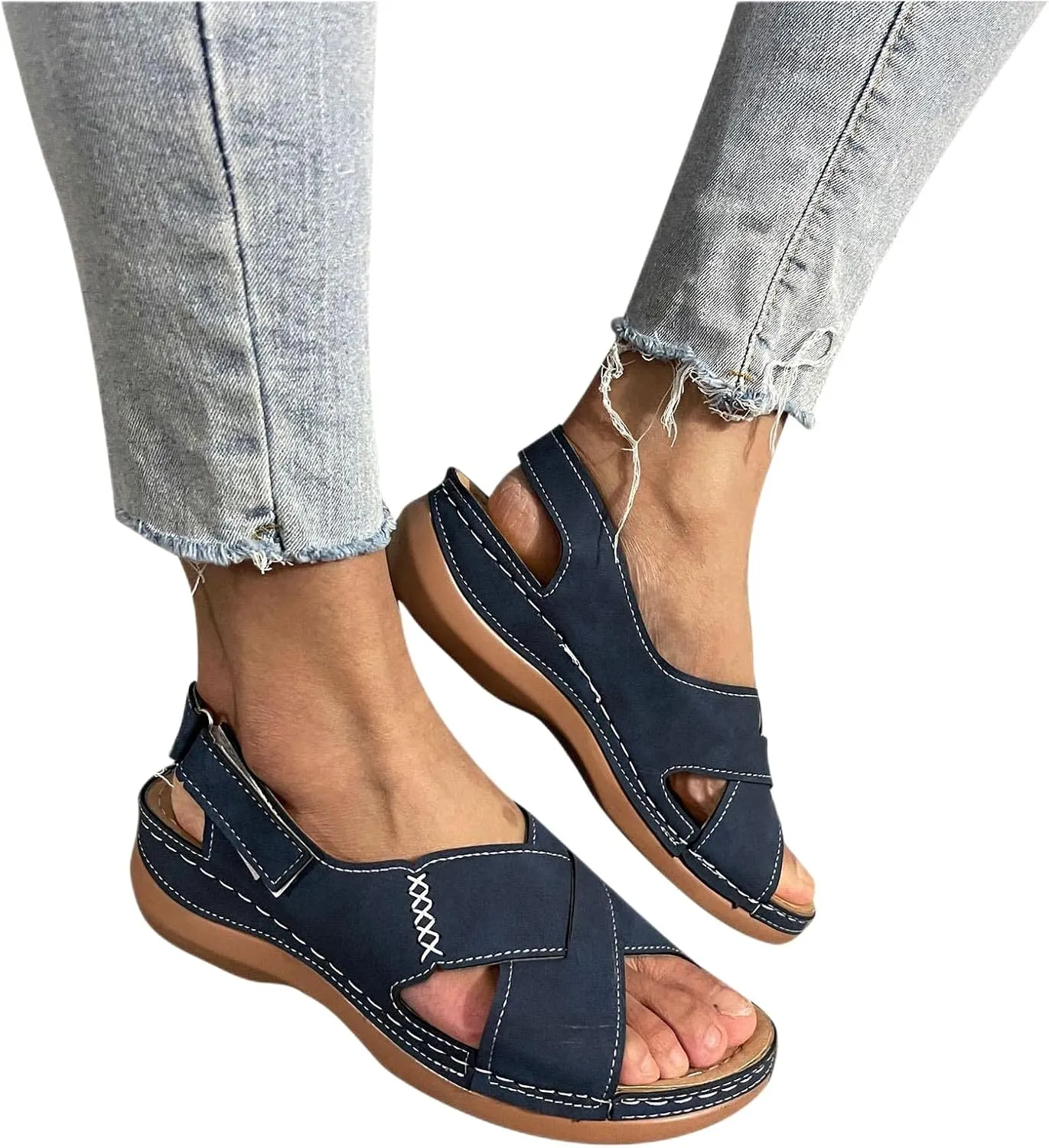 Women Comfortable Wedge Sandals Summer Dressy Orthopedic Open Toe All-Match Shoes Soft Leather Slip On Sandals Fashion Cross Strappy with Adjustable Back Ankle Strap Sandal