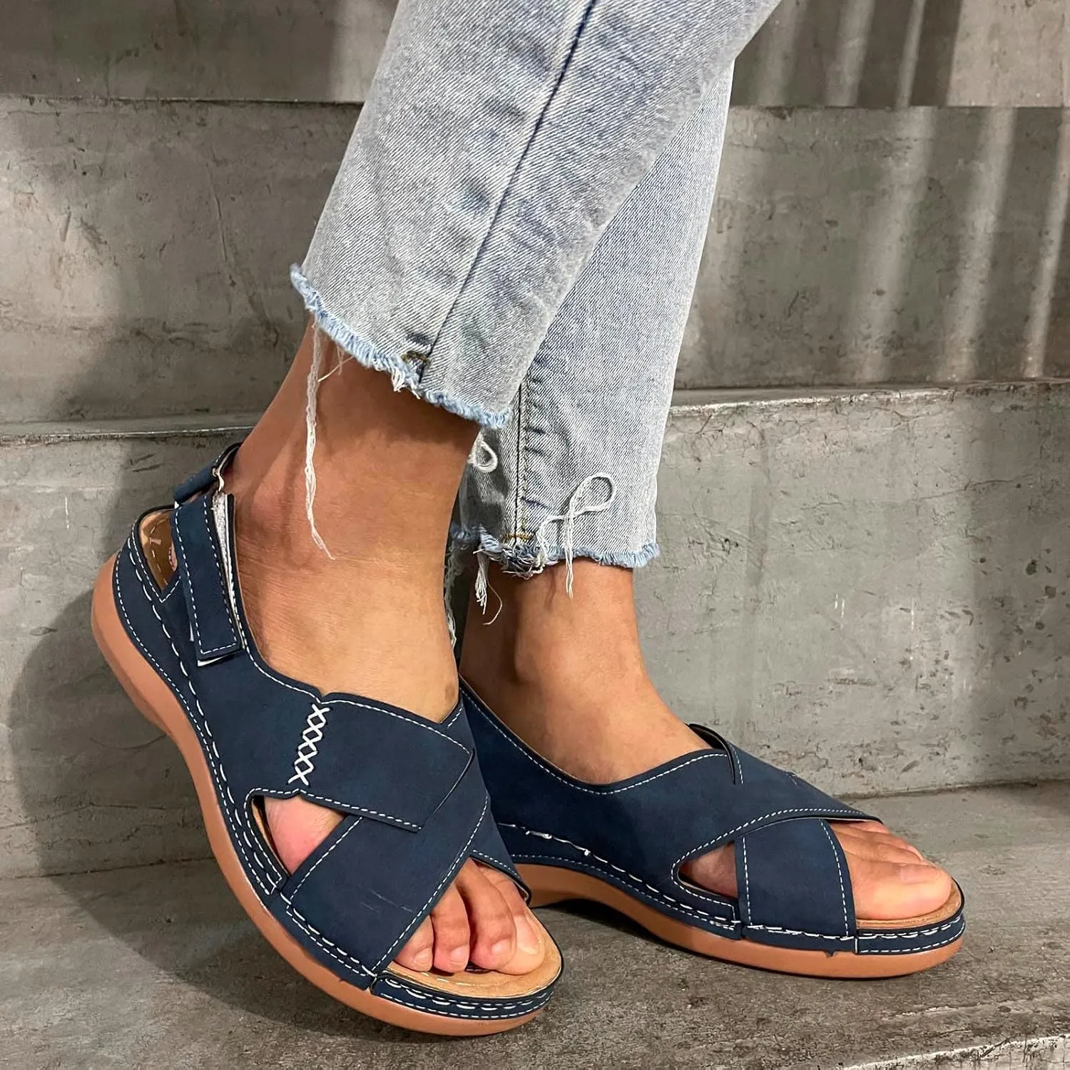 Women Comfortable Wedge Sandals Summer Dressy Orthopedic Open Toe All-Match Shoes Soft Leather Slip On Sandals Fashion Cross Strappy with Adjustable Back Ankle Strap Sandal