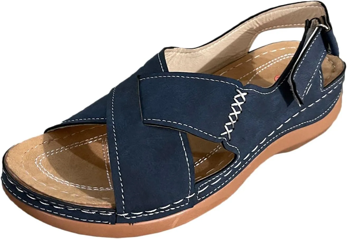 Women Comfortable Wedge Sandals Summer Dressy Orthopedic Open Toe All-Match Shoes Soft Leather Slip On Sandals Fashion Cross Strappy with Adjustable Back Ankle Strap Sandal