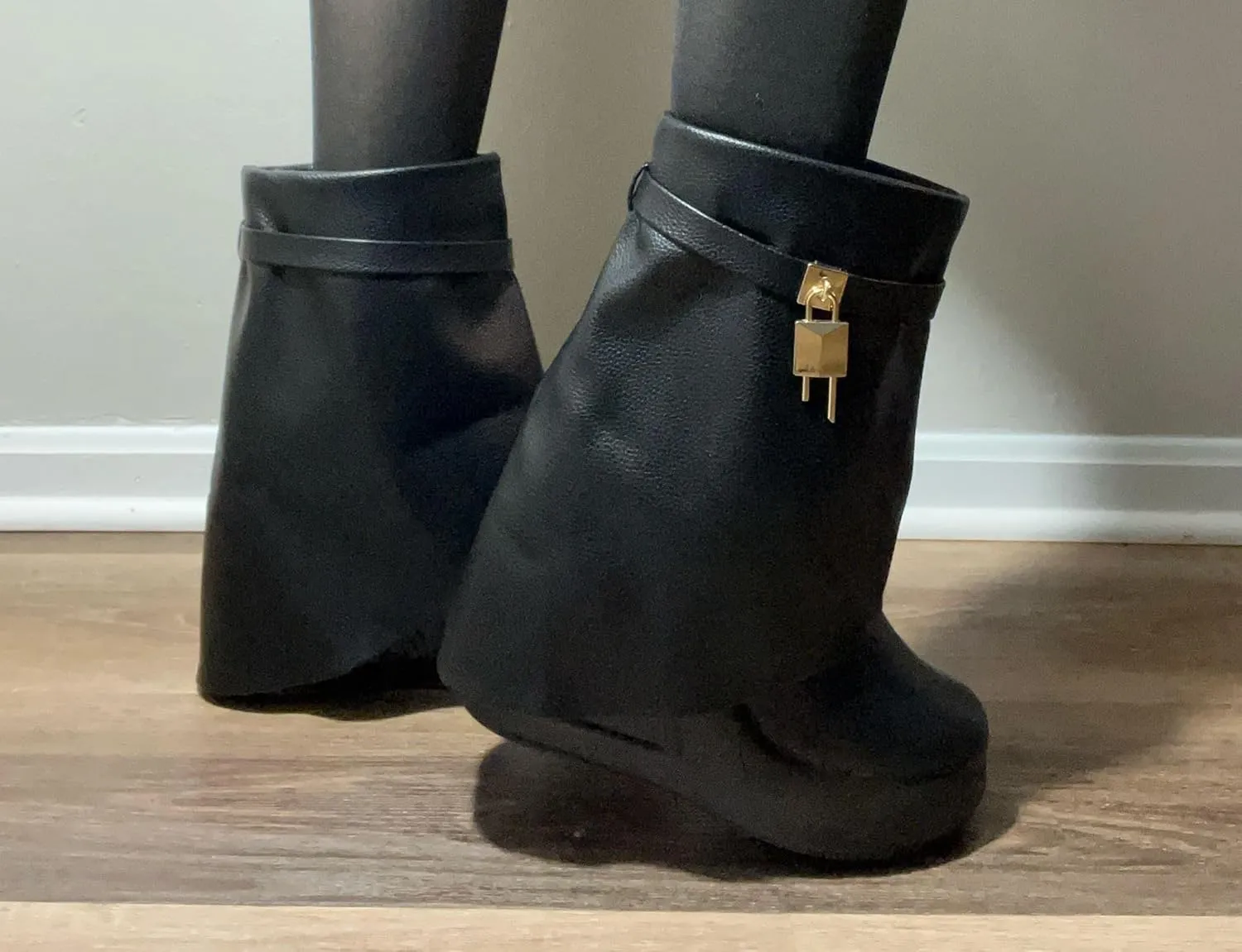 Women Round Toe Wedge Heel Fold Over Mid-calf Pull On Boots