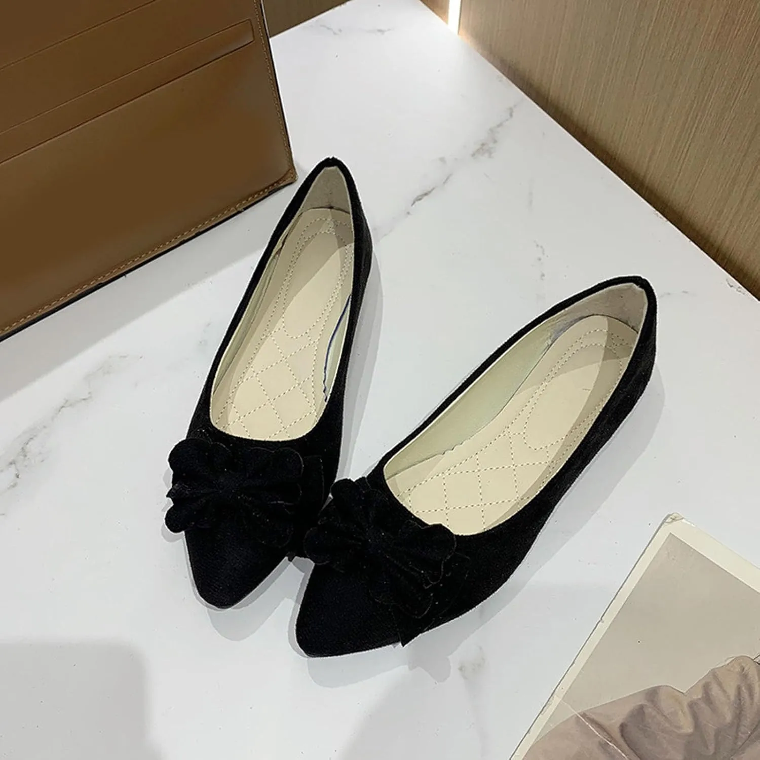 Women's Black Bow Ballet Flats - Pointed Toe Low Wedge Slip-On Bridal Shoes, Suede Comfort Pumps for Weddings & Formal Events