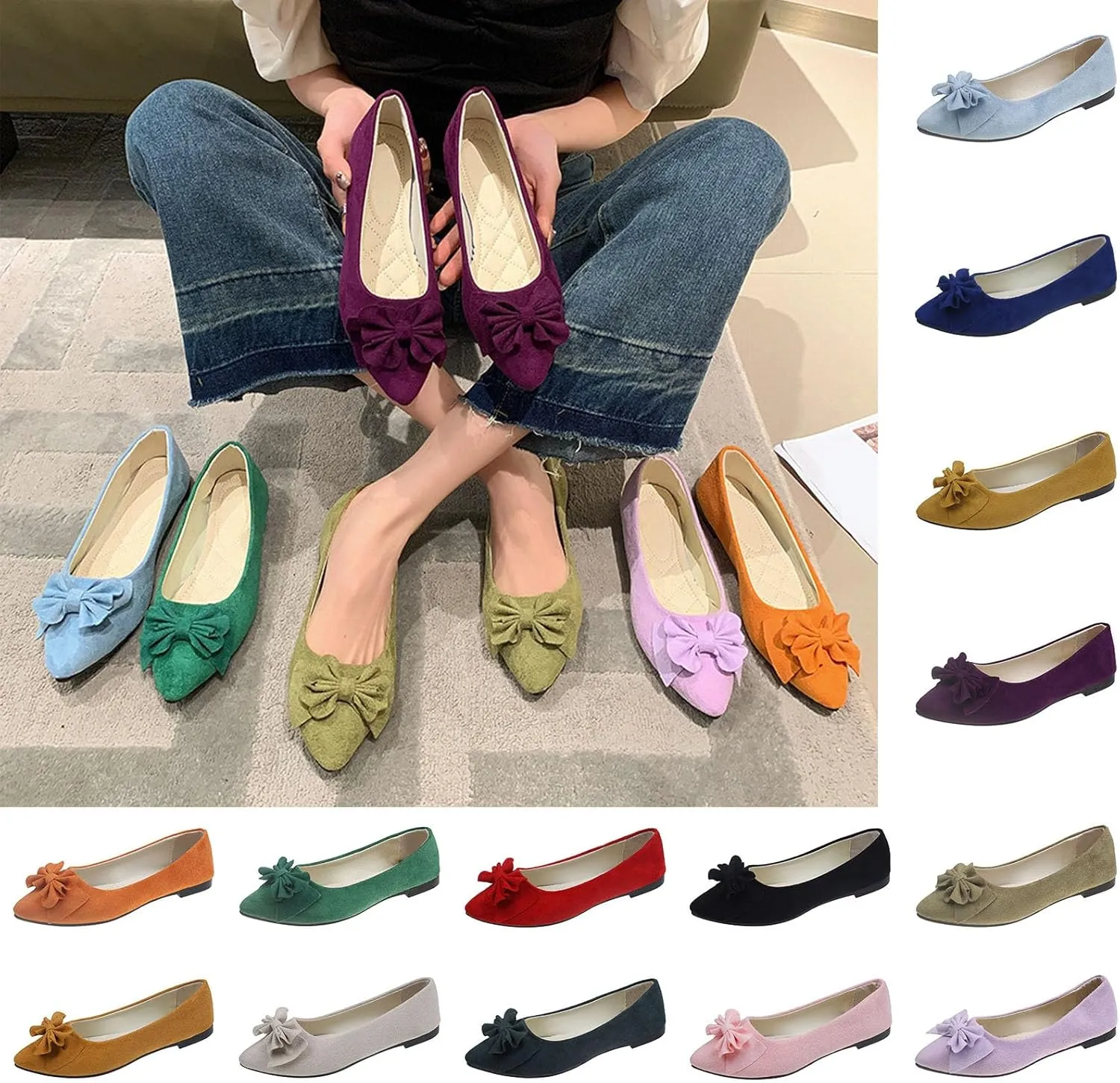 Women's Black Bow Ballet Flats - Pointed Toe Low Wedge Slip-On Bridal Shoes, Suede Comfort Pumps for Weddings & Formal Events