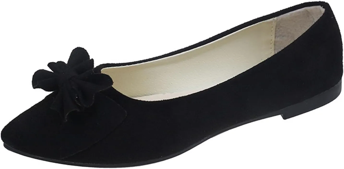 Women's Black Bow Ballet Flats - Pointed Toe Low Wedge Slip-On Bridal Shoes, Suede Comfort Pumps for Weddings & Formal Events