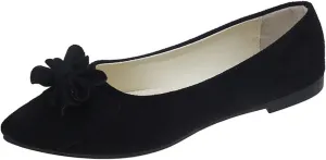 Women's Black Bow Ballet Flats - Pointed Toe Low Wedge Slip-On Bridal Shoes, Suede Comfort Pumps for Weddings & Formal Events