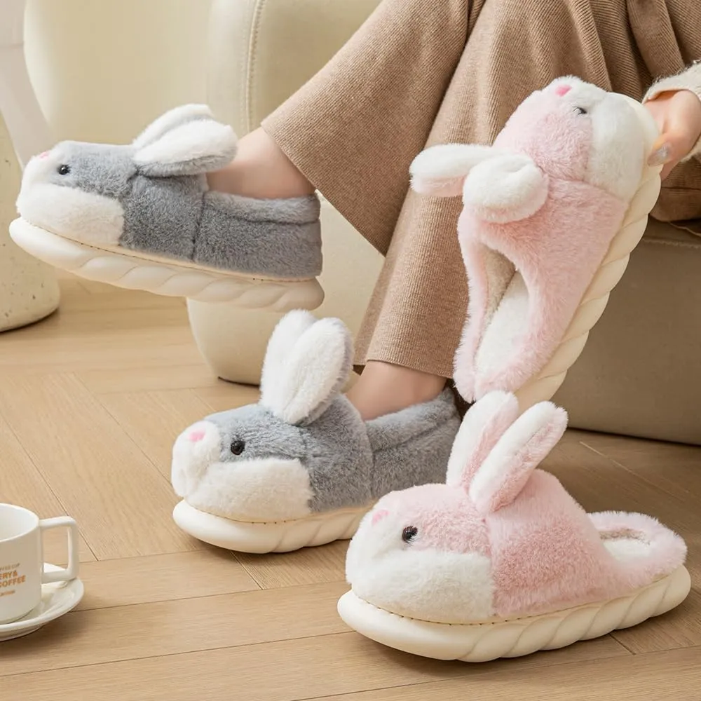 Women's Cute Animal Bunny Slippers - Soft, Cosy Furry House Slippers for Warm Winter Indoor Use