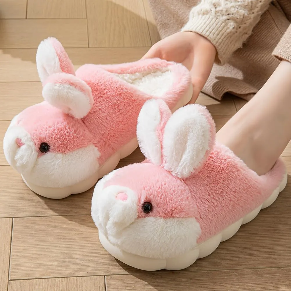 Women's Cute Animal Bunny Slippers - Soft, Cosy Furry House Slippers for Warm Winter Indoor Use