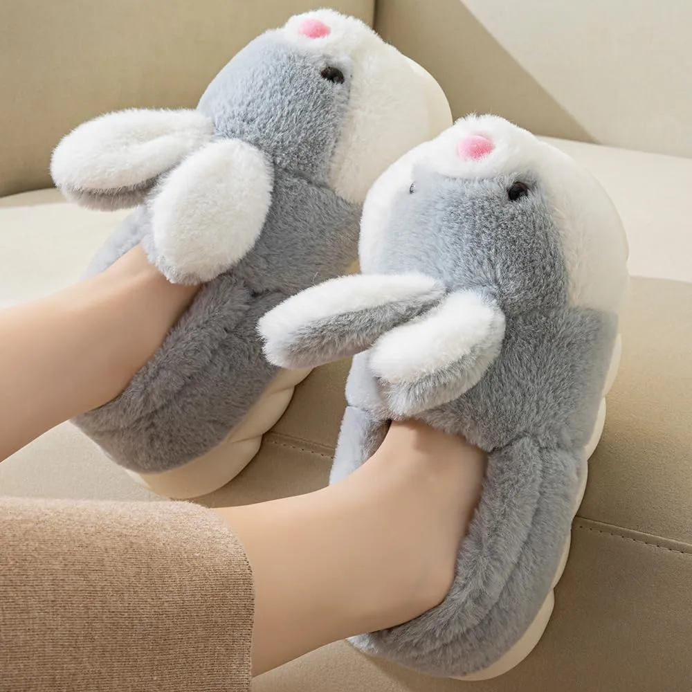 Women's Cute Animal Bunny Slippers - Soft, Cosy Furry House Slippers for Warm Winter Indoor Use