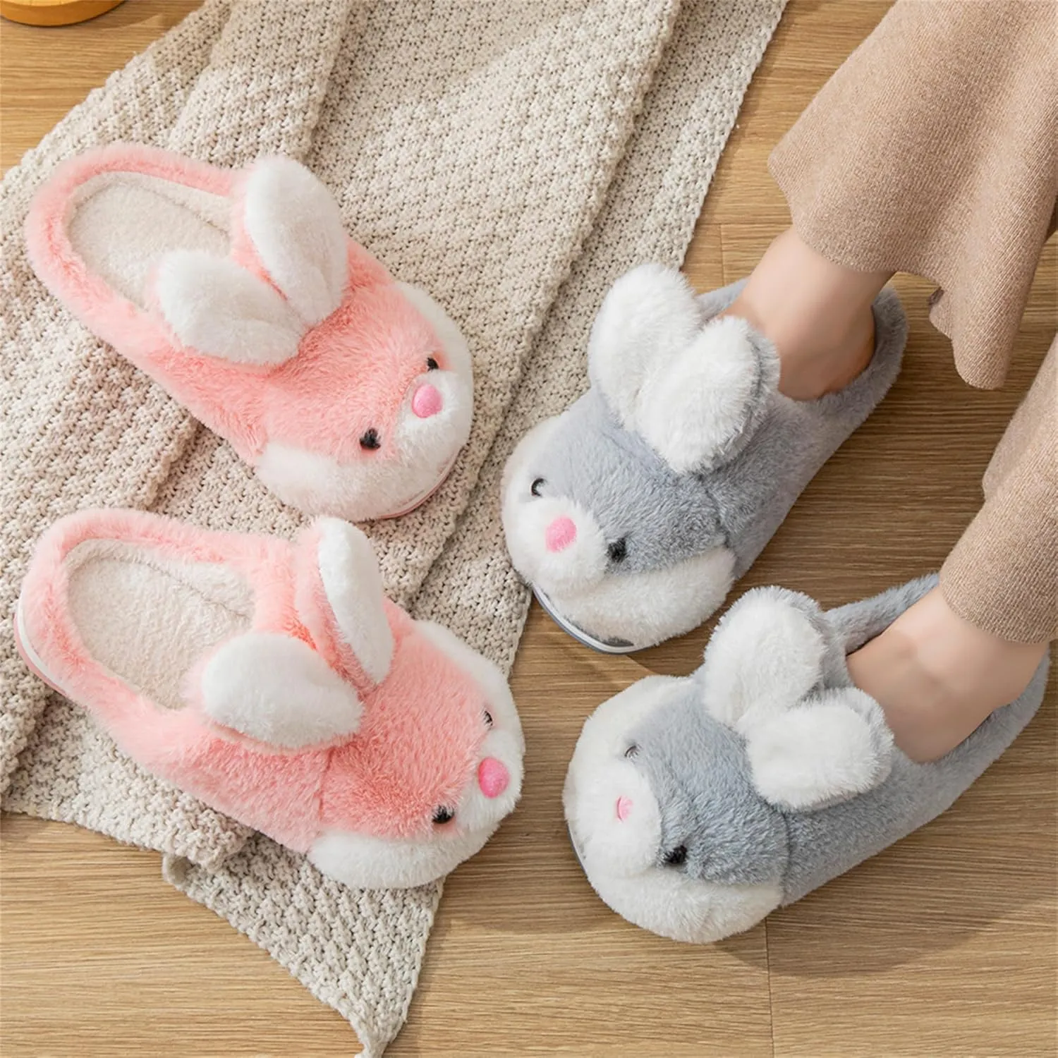 Women's Cute Rabbit Animal Slippers - Novelty Cozy Fuzzy Soft Plush Winter Warm House Shoes Cotton Slippers