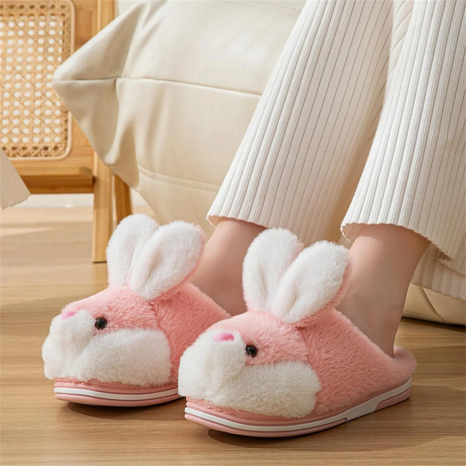 Women's Cute Rabbit Animal Slippers - Novelty Cozy Fuzzy Soft Plush Winter Warm House Shoes Cotton Slippers
