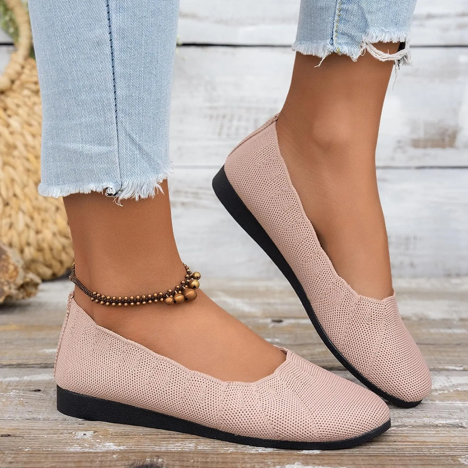 Women's Flats with Arch Support Pointed Toe Ballet Flats Mary Jane Style Comfortable Slip On Knit Dress Shoe