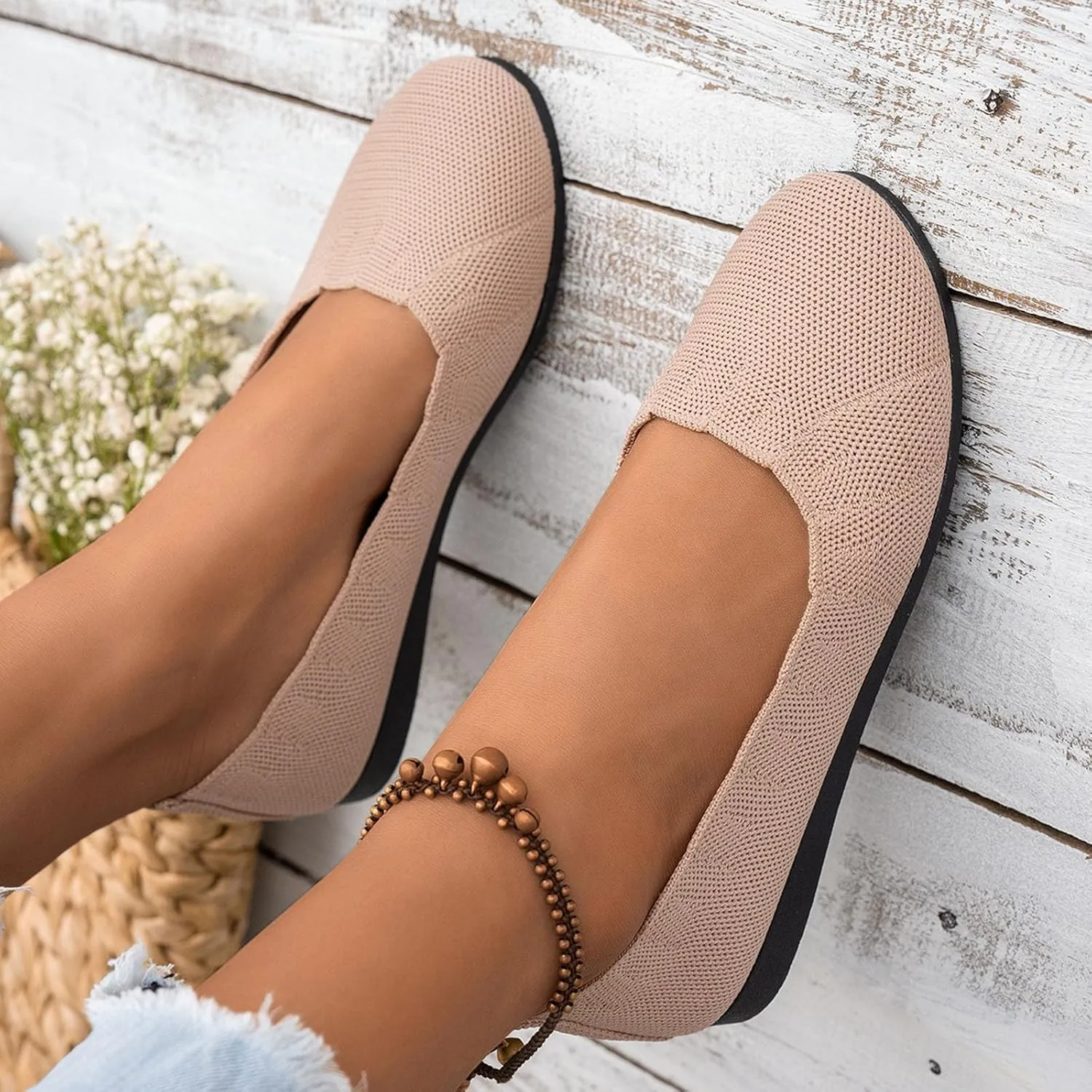 Women's Flats with Arch Support Pointed Toe Ballet Flats Mary Jane Style Comfortable Slip On Knit Dress Shoe