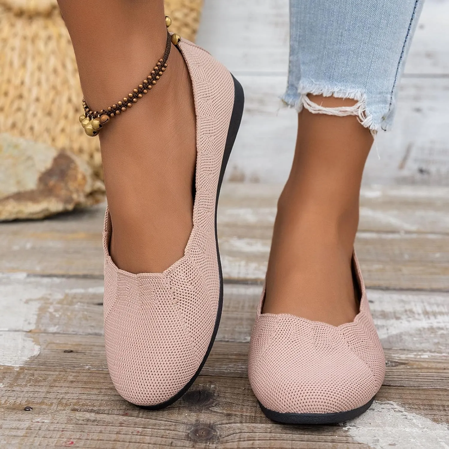 Women's Flats with Arch Support Pointed Toe Ballet Flats Mary Jane Style Comfortable Slip On Knit Dress Shoe