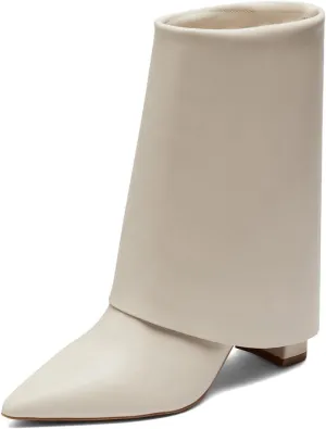 Womens Mid Calf Boots Chunky High Heels Wide Calf Boots Pointed Toe Pull On Shoes Party Prom Dating Size 4-16 US