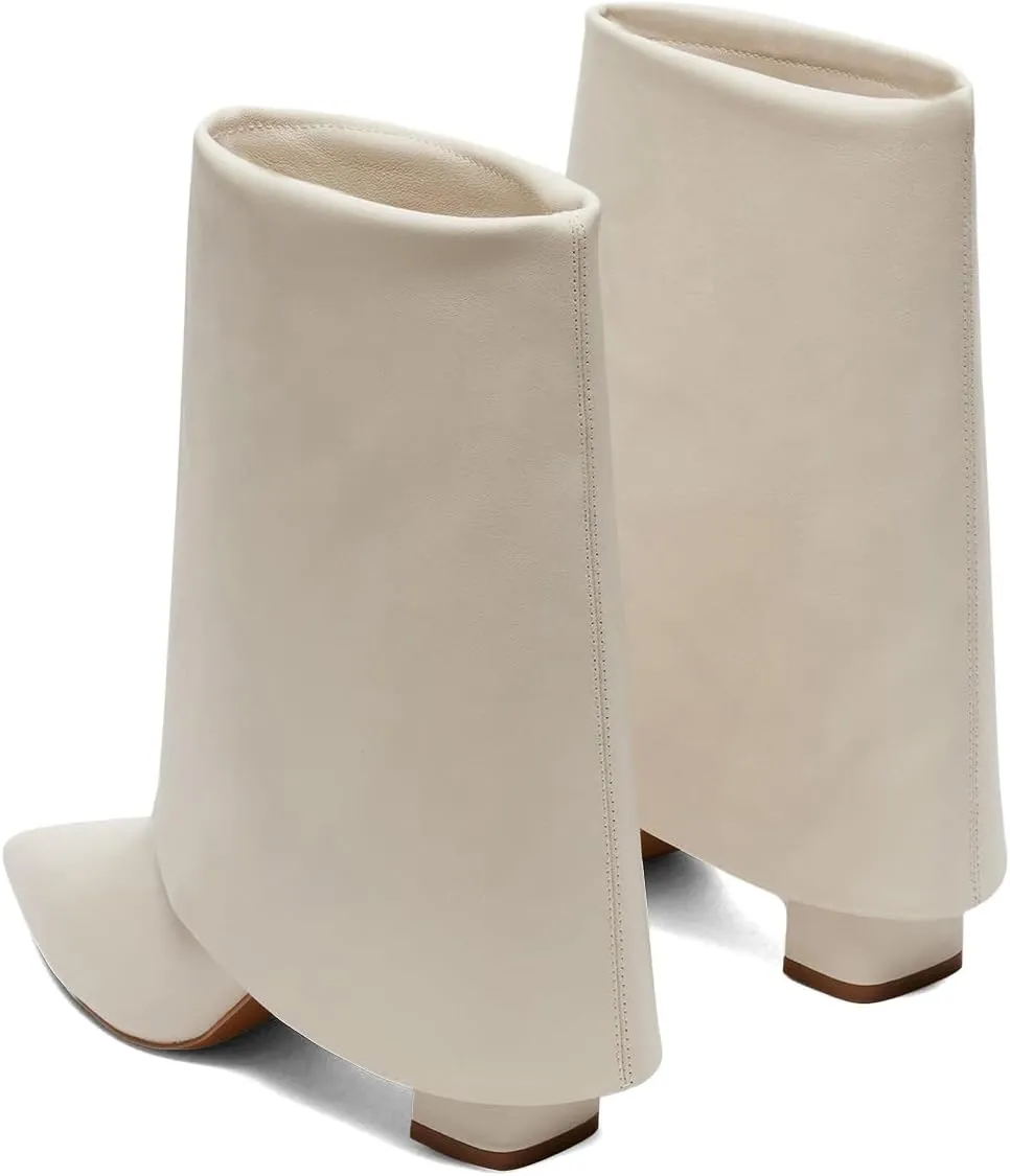 Womens Mid Calf Boots Chunky High Heels Wide Calf Boots Pointed Toe Pull On Shoes Party Prom Dating Size 4-16 US