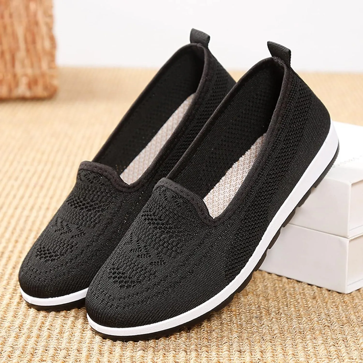 Women's Slip on Sneakers Shoes Woven Orthopedic Breathable Soft Shoes Walking Diabetic Foam Shoes Hands Free Slip in