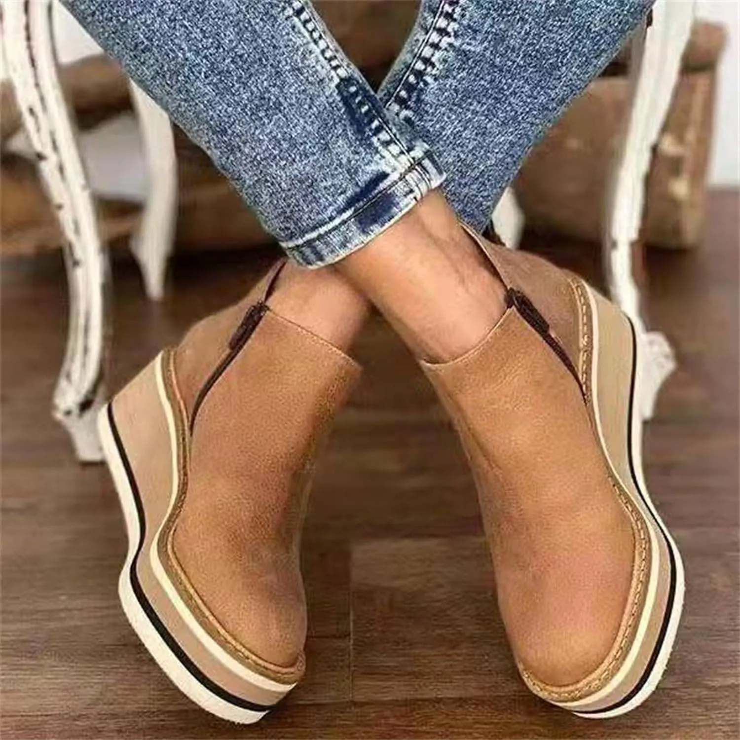 Women's Wedge Ankle Boots Fashion Side Zipper Wedge Leather Booties Basel Ankle Bootie Solid Chelsea Boots All-Match Shoes