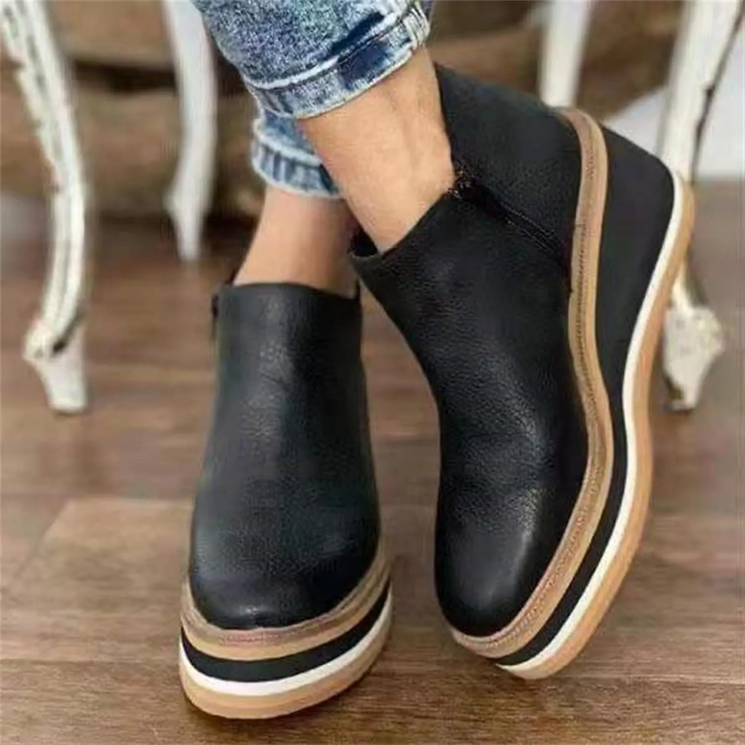 Women's Wedge Ankle Boots Fashion Side Zipper Wedge Leather Booties Basel Ankle Bootie Solid Chelsea Boots All-Match Shoes