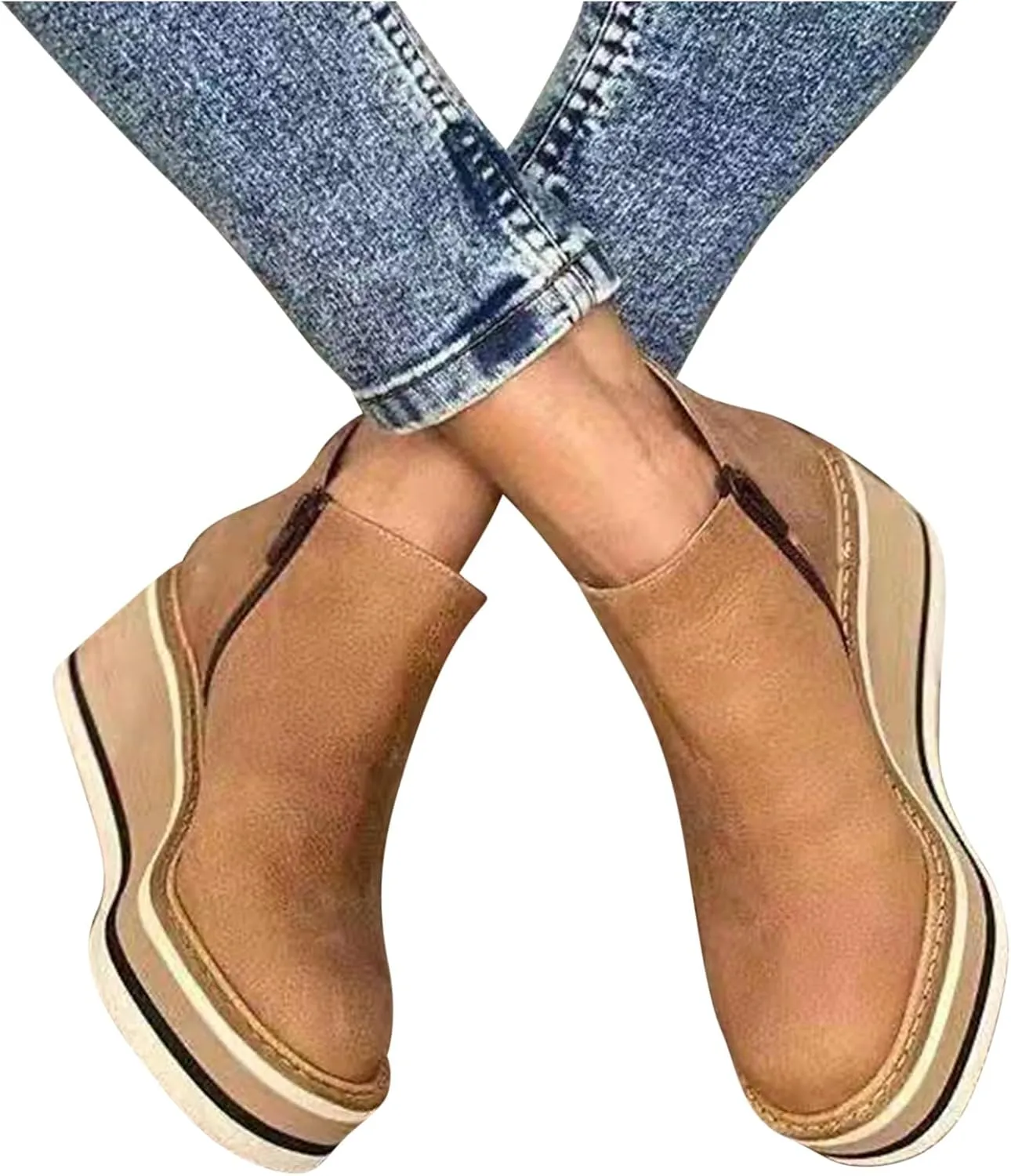 Women's Wedge Ankle Boots Fashion Side Zipper Wedge Leather Booties Basel Ankle Bootie Solid Chelsea Boots All-Match Shoes