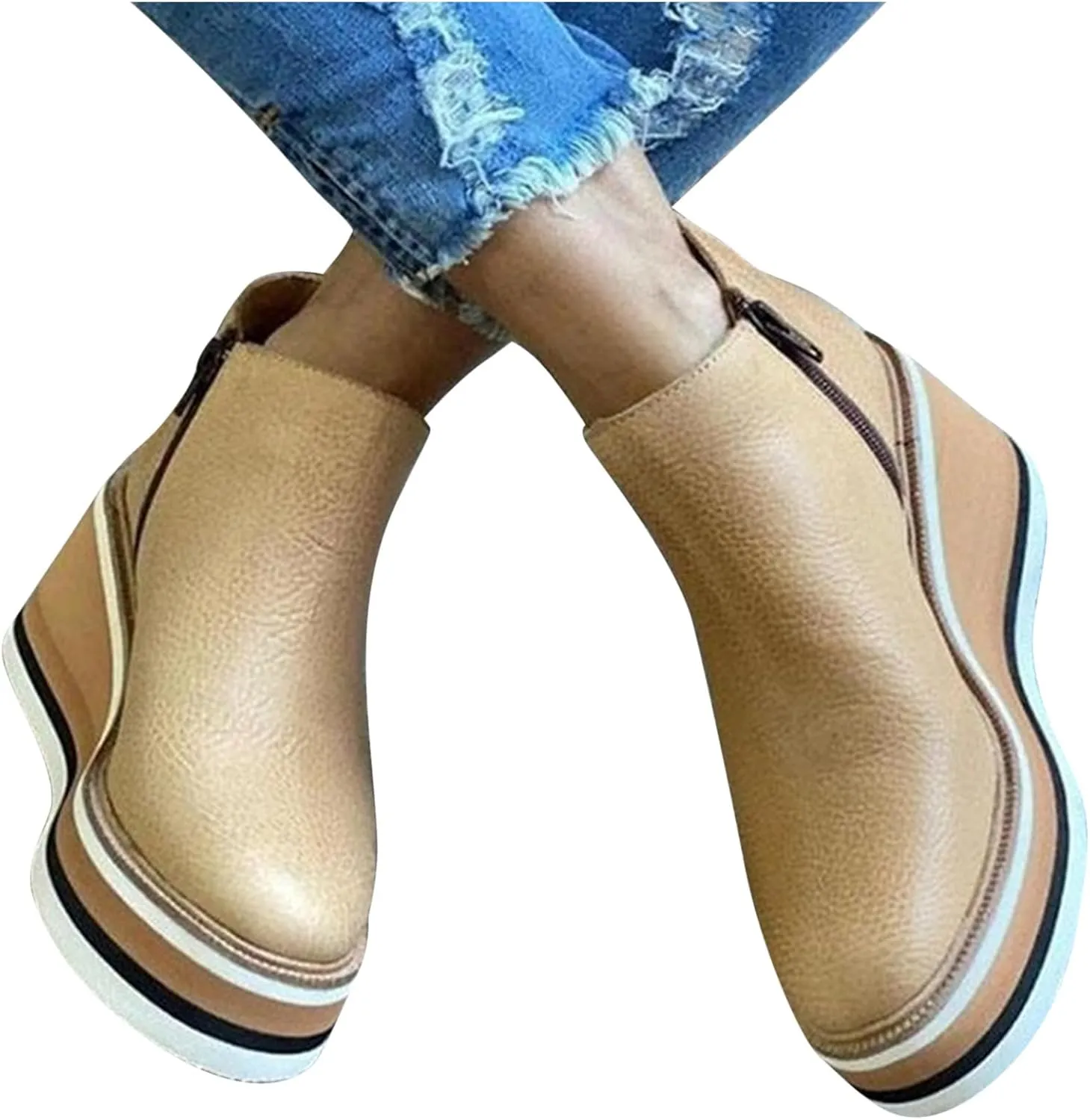 Women's Wedge Ankle Boots Fashion Side Zipper Wedge Leather Booties Basel Ankle Bootie Solid Chelsea Boots All-Match Shoes