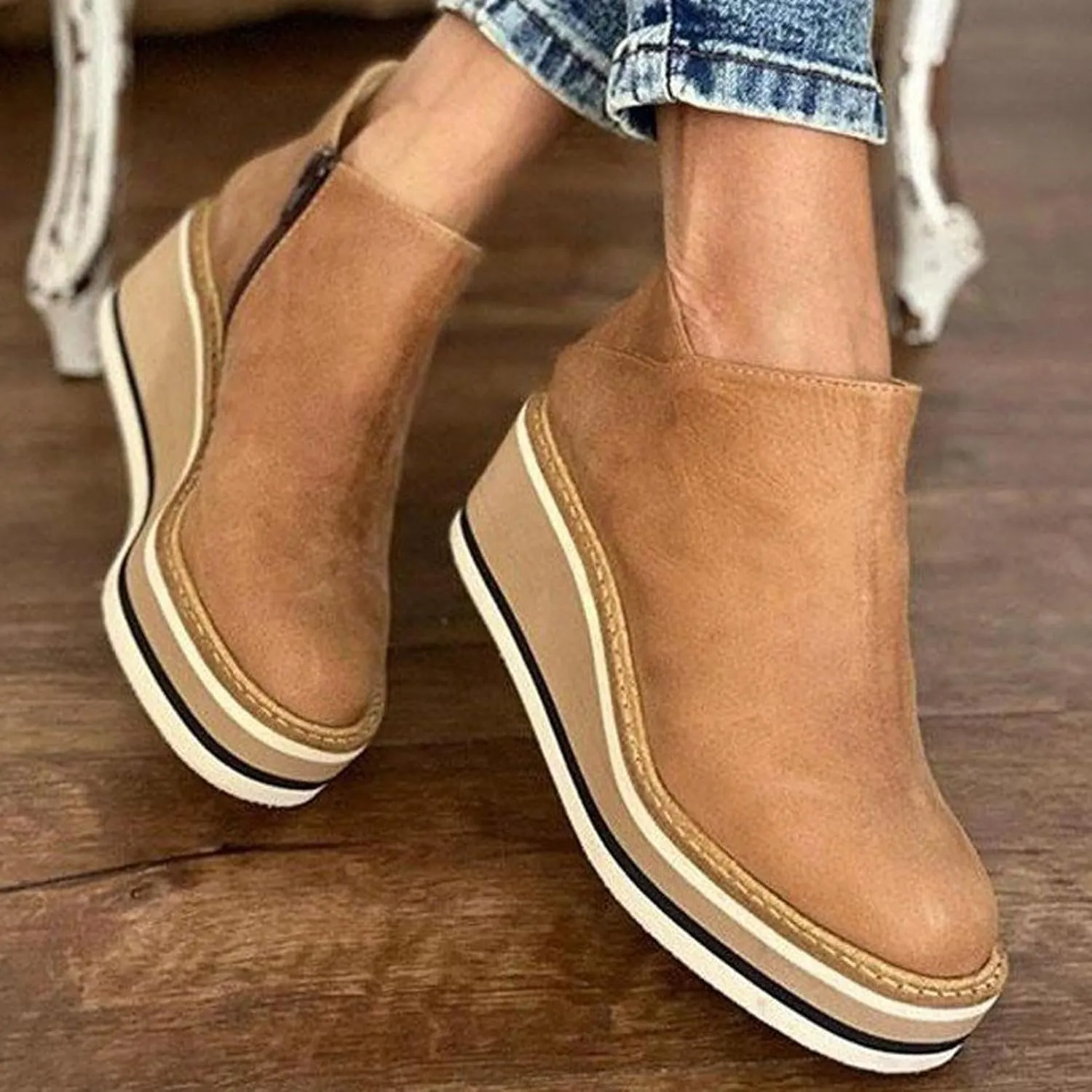 Women's Wedge Ankle Boots Fashion Side Zipper Wedge Leather Booties Basel Ankle Bootie Solid Chelsea Boots All-Match Shoes
