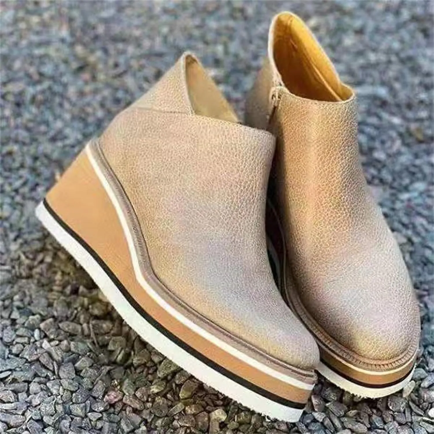 Women's Wedge Ankle Boots Fashion Side Zipper Wedge Leather Booties Basel Ankle Bootie Solid Chelsea Boots All-Match Shoes