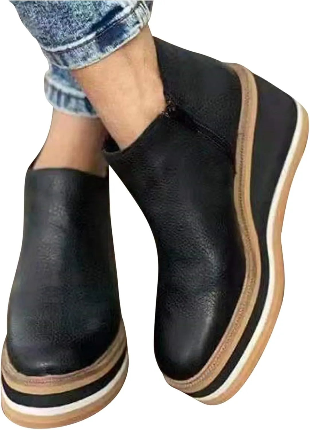Women's Wedge Ankle Boots Fashion Side Zipper Wedge Leather Booties Basel Ankle Bootie Solid Chelsea Boots All-Match Shoes