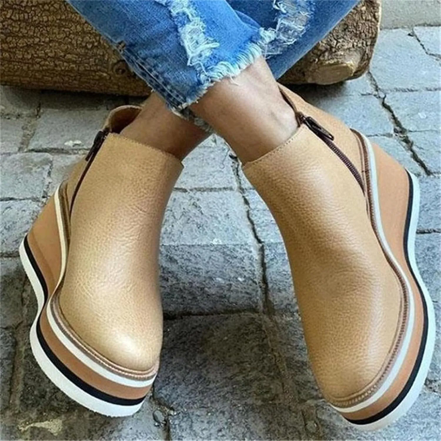 Women's Wedge Ankle Boots Fashion Side Zipper Wedge Leather Booties Basel Ankle Bootie Solid Chelsea Boots All-Match Shoes