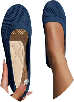 Women's Wide Fit Ballet Flats - Round Toe Slip-On Knit Shoes with Arch Support, Breathable & Comfortable for Work, Formal Dressy Occasions